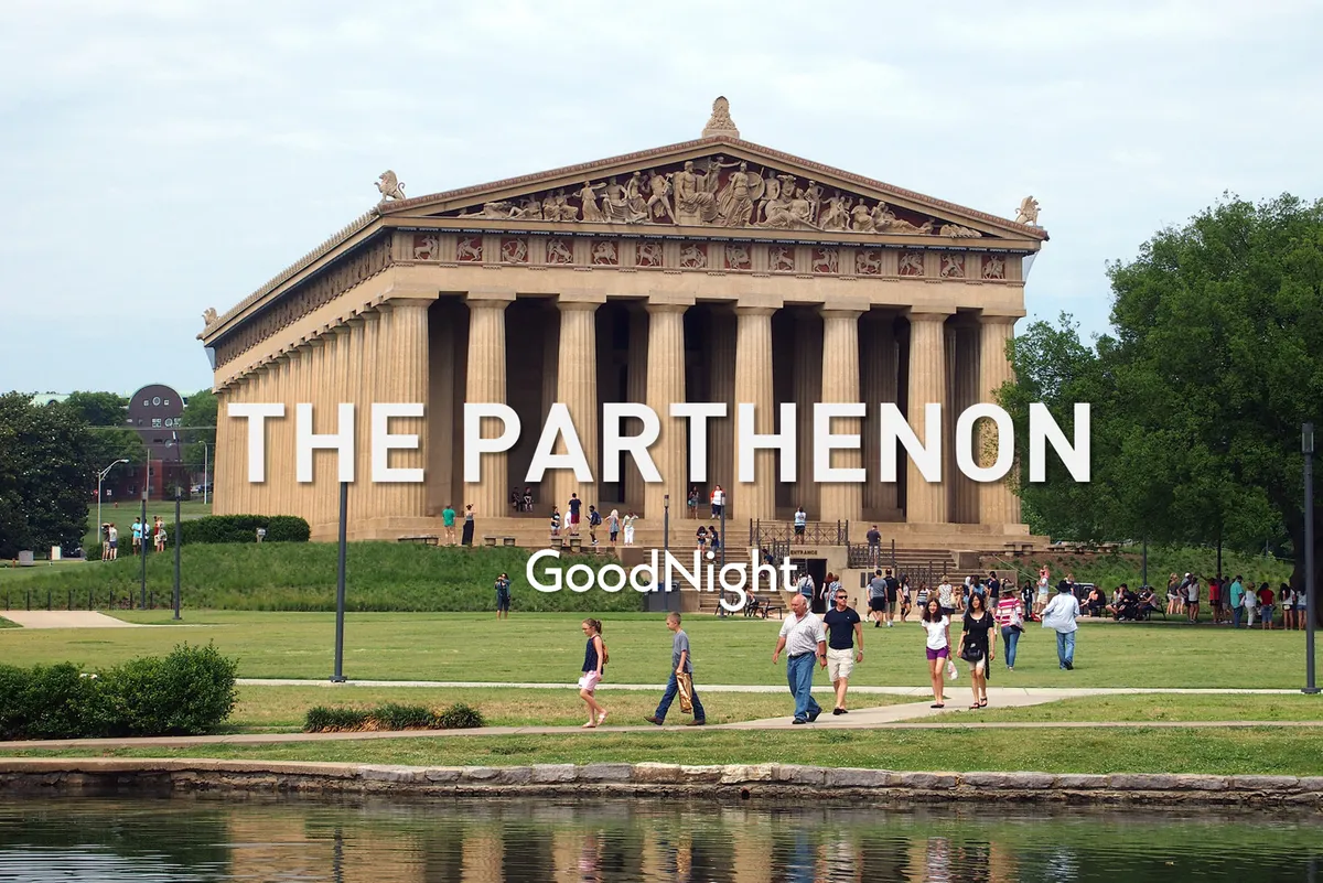 This image captures the iconic Parthenon structure in Centennial Park, with visitors strolling around its grand columns and a reflective water surface in the foreground. The festive mood and gathering of people illustrate the vibrant public atmosphere and opportunities for outdoor leisure.