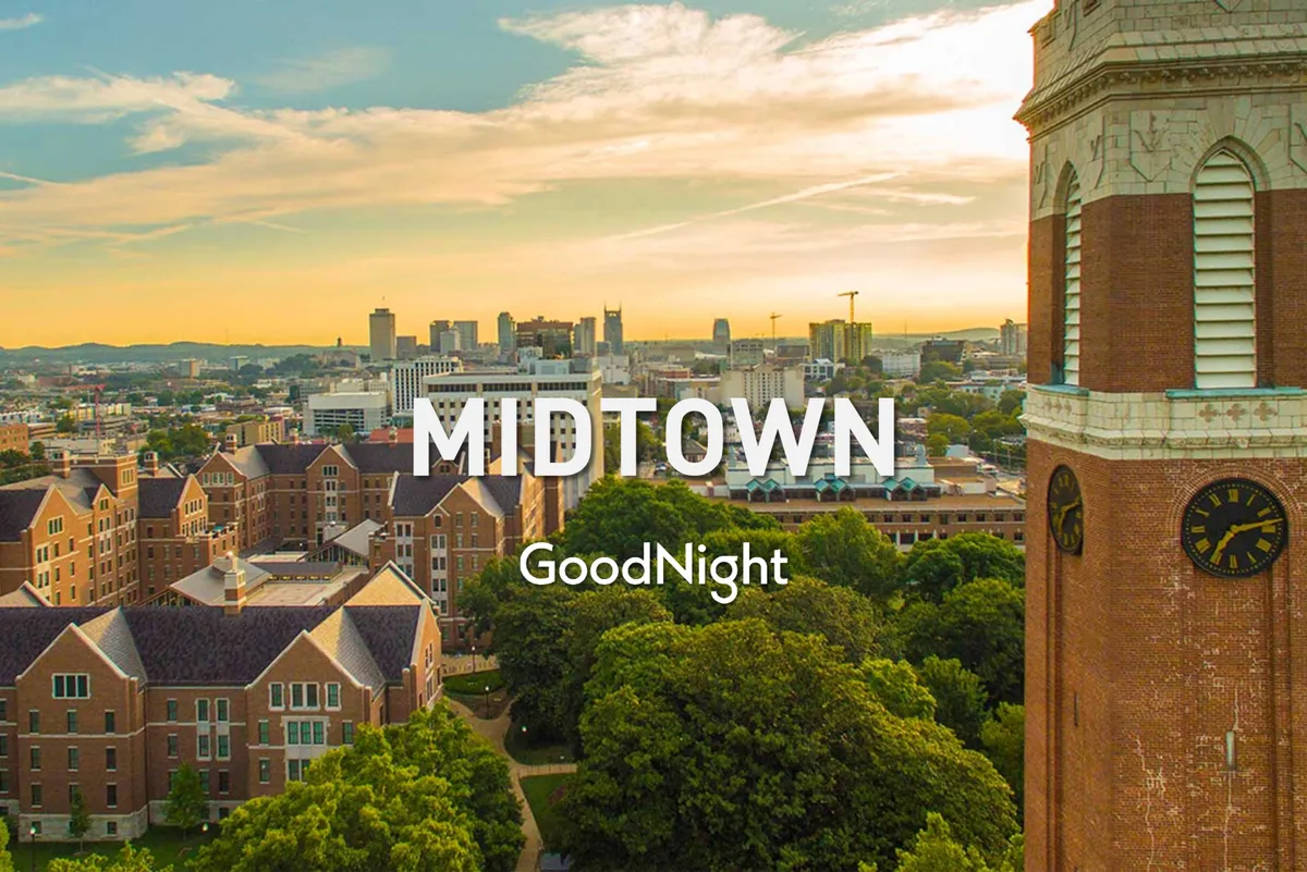 A panoramic view of Nashville’s city skyline, with historic buildings, abundant greenery, and a prominent clock tower. The scene is bathed in warm evening light, evoking a nostalgic, dreamy mood. It reflects the city’s vibrant culture and the romantic possibilities of exploring together.