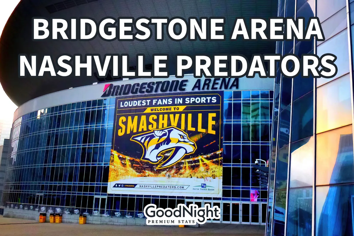 This image captures the bustling exterior of Bridgestone Arena, featuring the building’s bold signage, the Nashville Predators logo, and a vibrant 'Welcome to Smashville' banner. The scene is alive with excitement, evoking the thrill of attending live sports or music events in the heart of Nashville.