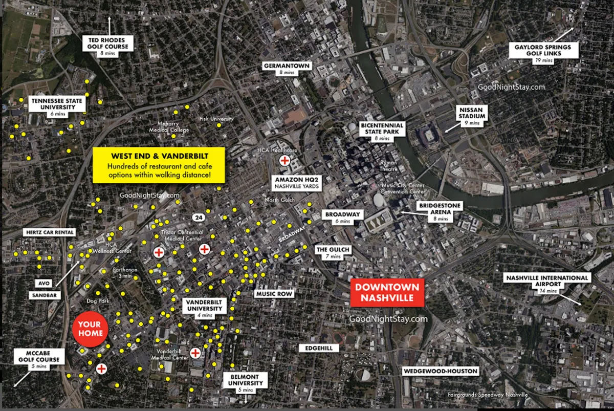 A panoramic view highlighting your home amid key Nashville landmarks like Downtown, Vanderbilt University, and Music Row. The image showcases the city’s vibrancy and nearby attractions, with a focus on dining, nightlife, and local culture.